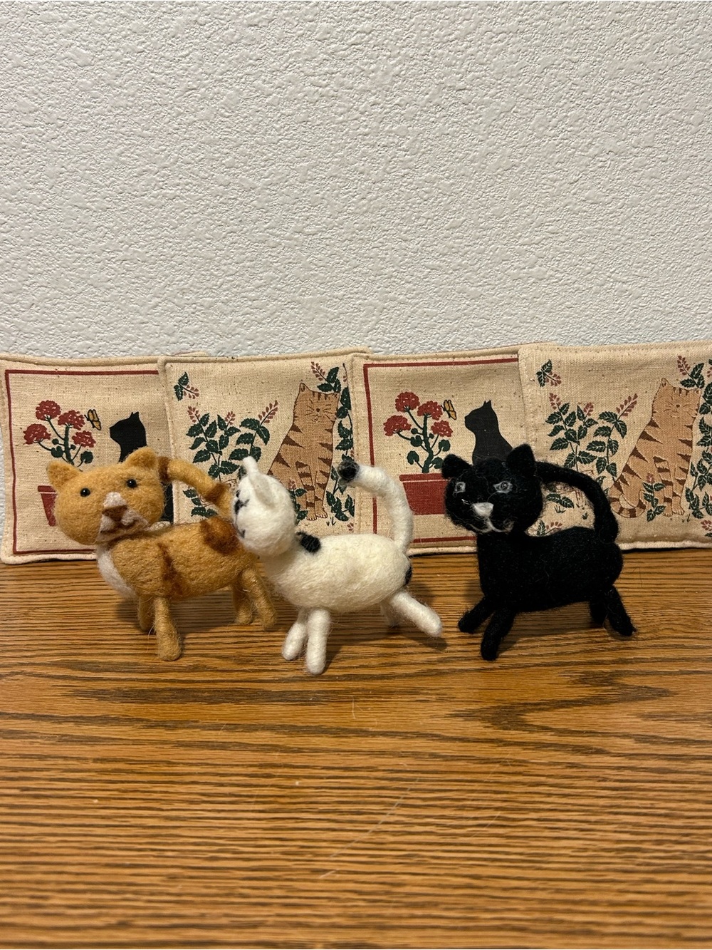 Handmade Felt Cat Figurines with Cat Print Coasters